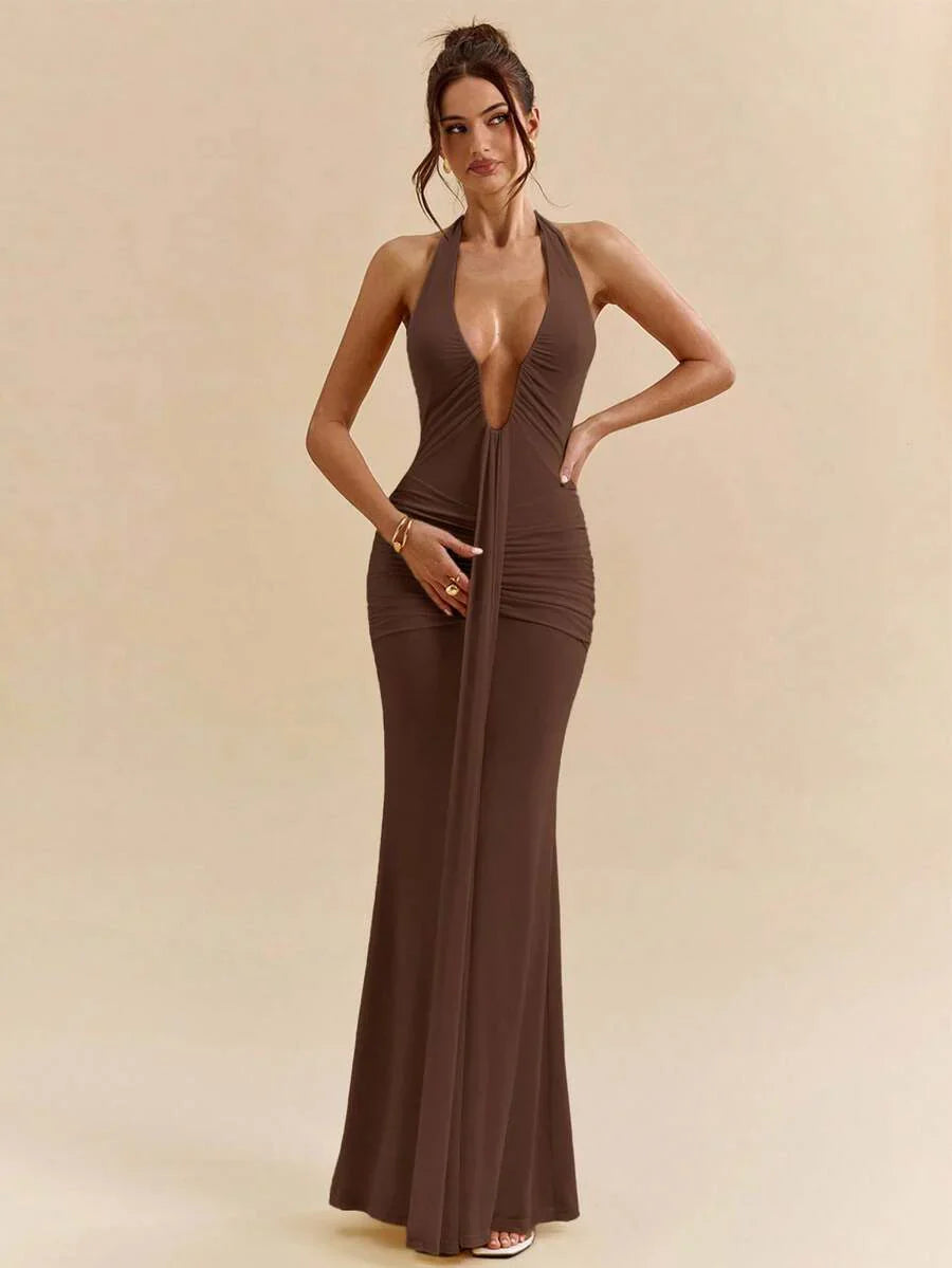 LUMÉA - Deep V Neck Halter Bodycon Maxi Dress
