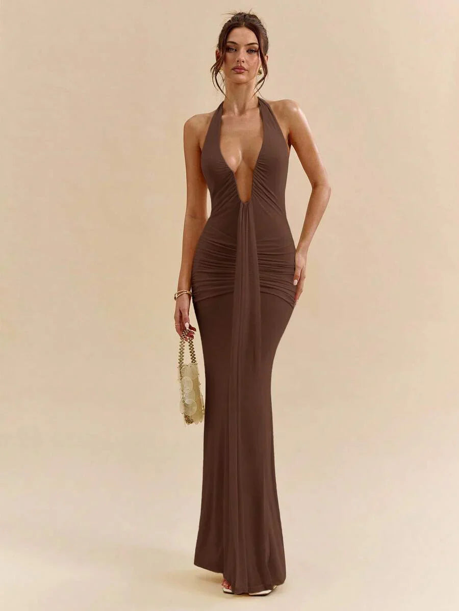 LUMÉA - Deep V Neck Halter Bodycon Maxi Dress
