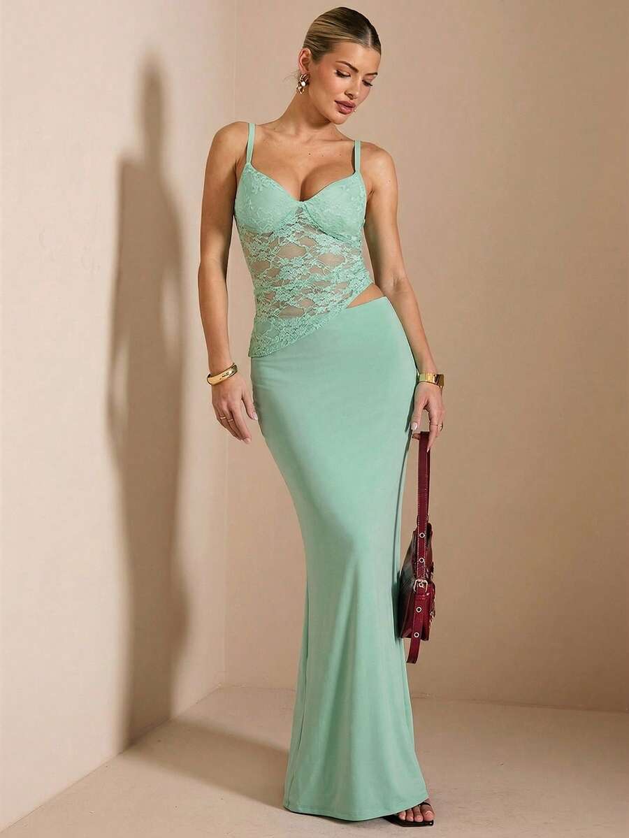 NARILA - Lace Panel Bodycon Maxi Dress Cadet Blue