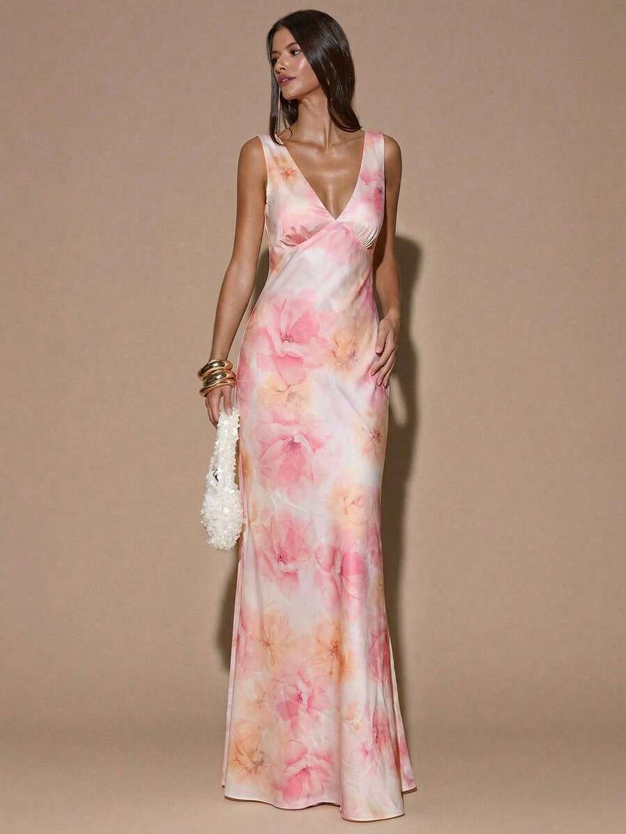 VELOURA - Backless Deep V-Neck Mermaid Maxi Dress