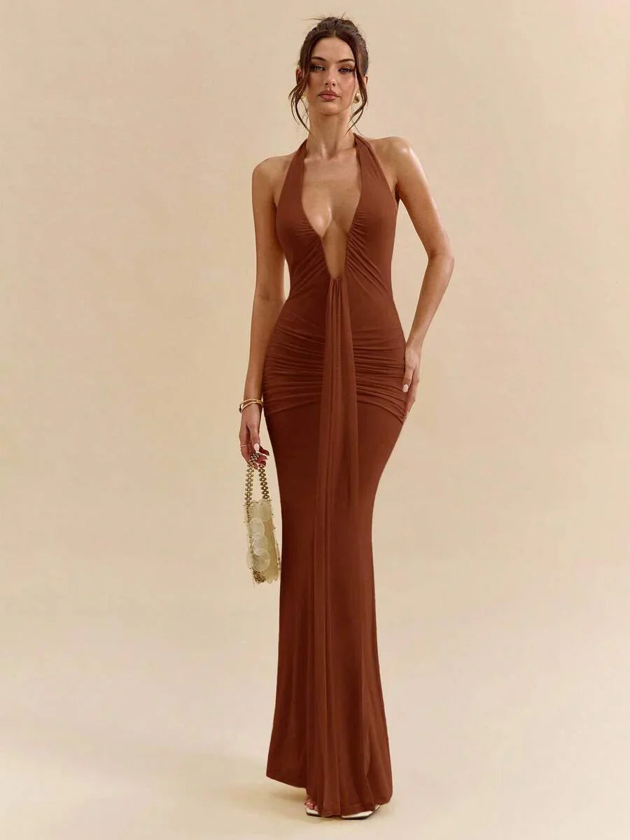 LUMÉA - Deep V Neck Halter Bodycon Maxi Dress