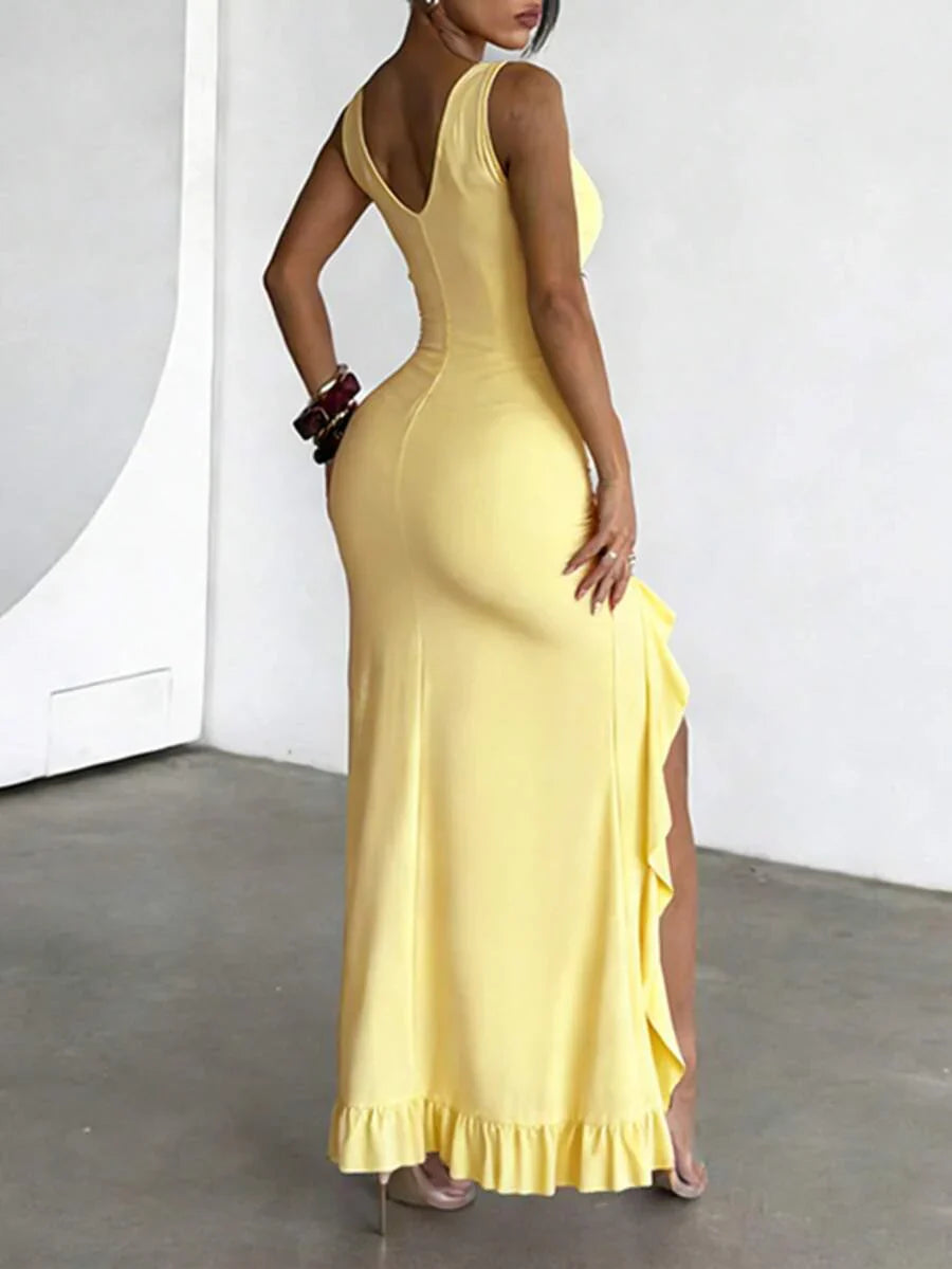 ROUGÉA – Asymmetrical V-Neck Backless Maxi Dress
