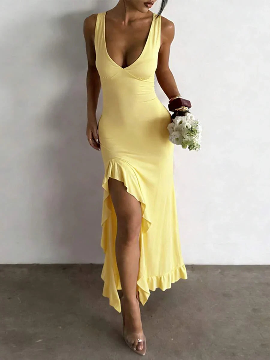 ROSÉVA – Asymmetrical Ruffle Hem V-Neck Maxi Dress