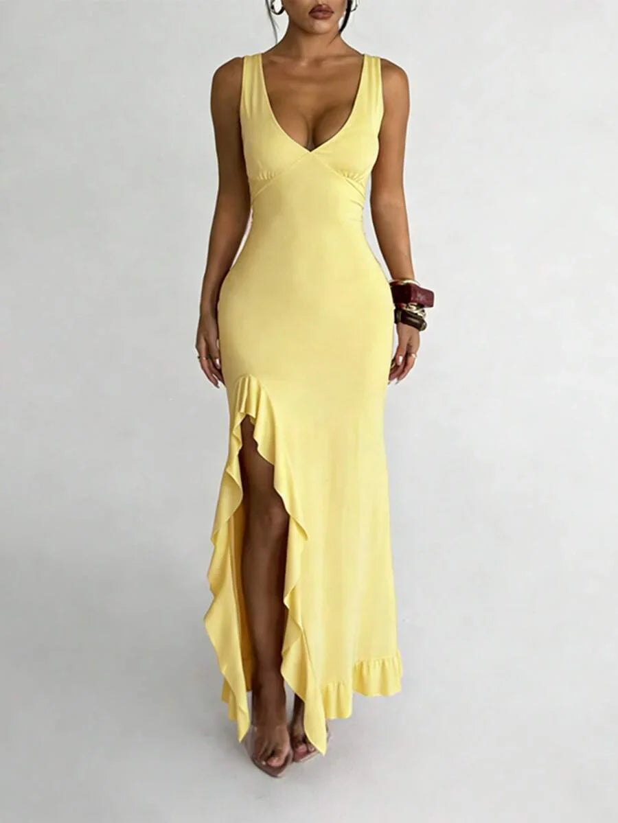 ROUGÉA – Asymmetrical V-Neck Backless Maxi Dress