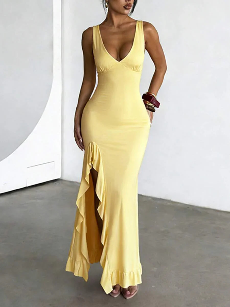 ROUGÉA – Asymmetrical V-Neck Backless Maxi Dress