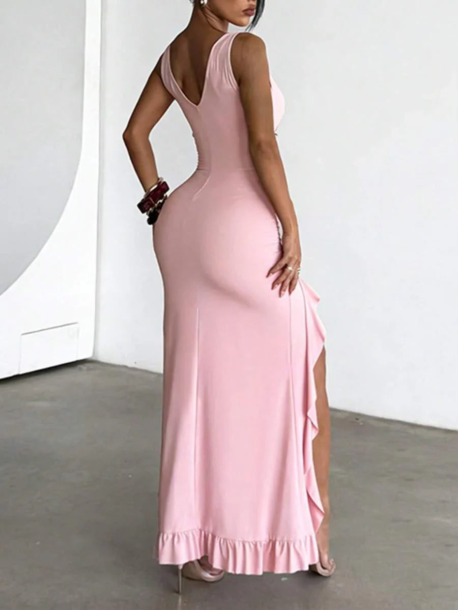 ROUGÉA – Asymmetrical V-Neck Backless Maxi Dress