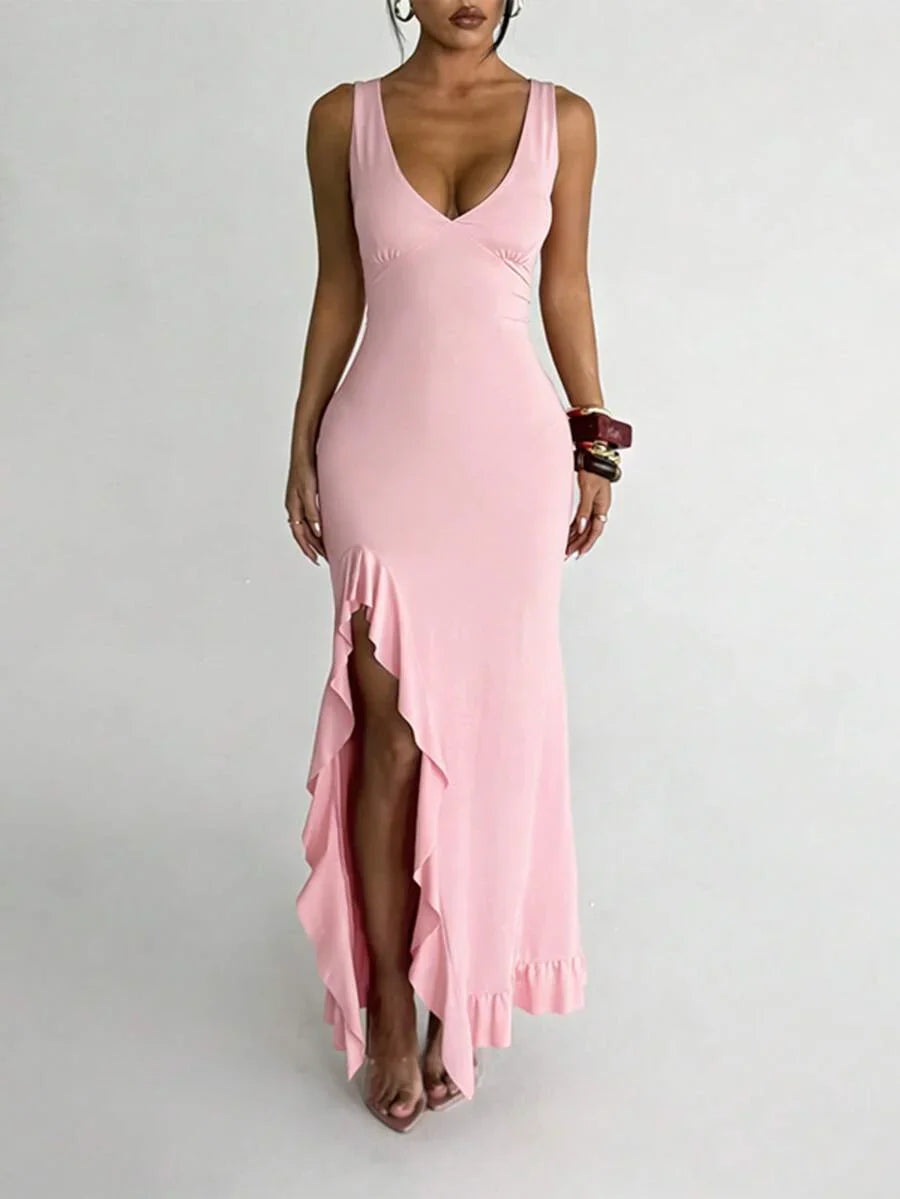 ROUGÉA – Asymmetrical V-Neck Backless Maxi Dress