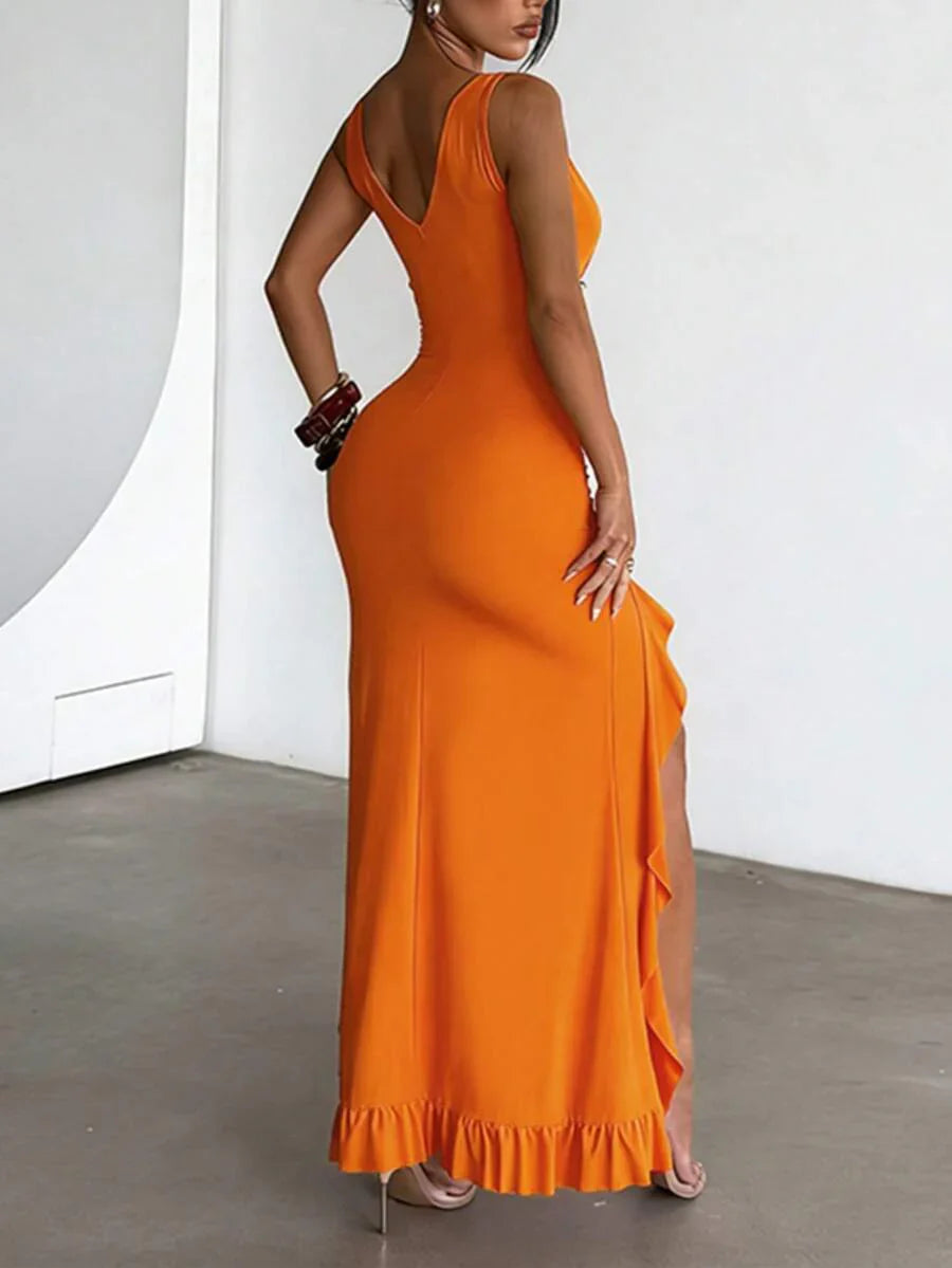 ROUGÉA – Asymmetrical V-Neck Backless Maxi Dress