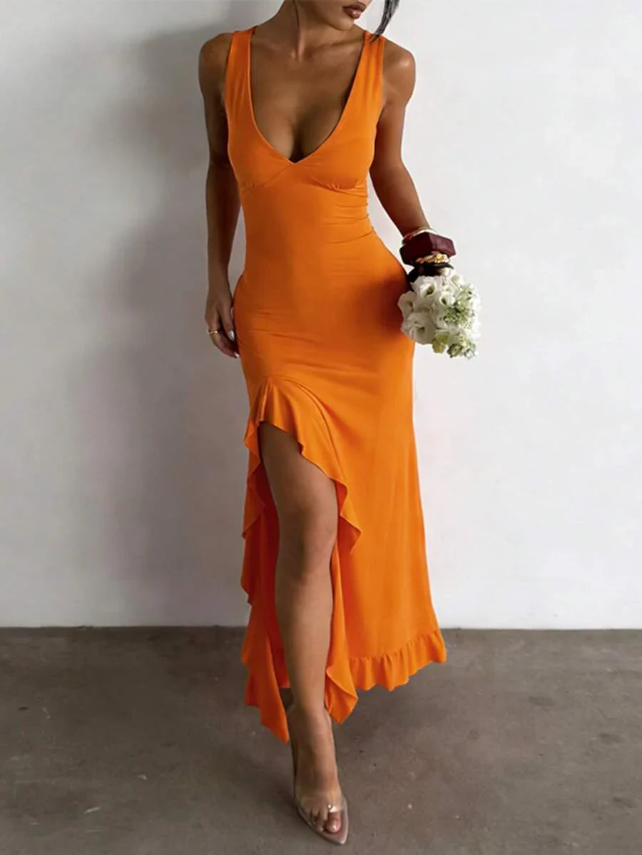 ROSÉVA – Asymmetrical Ruffle Hem V-Neck Maxi Dress