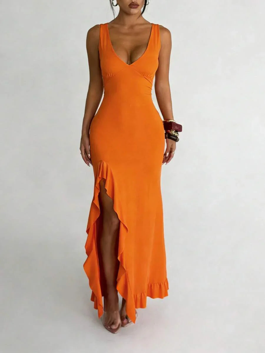 ROUGÉA – Asymmetrical V-Neck Backless Maxi Dress Orange