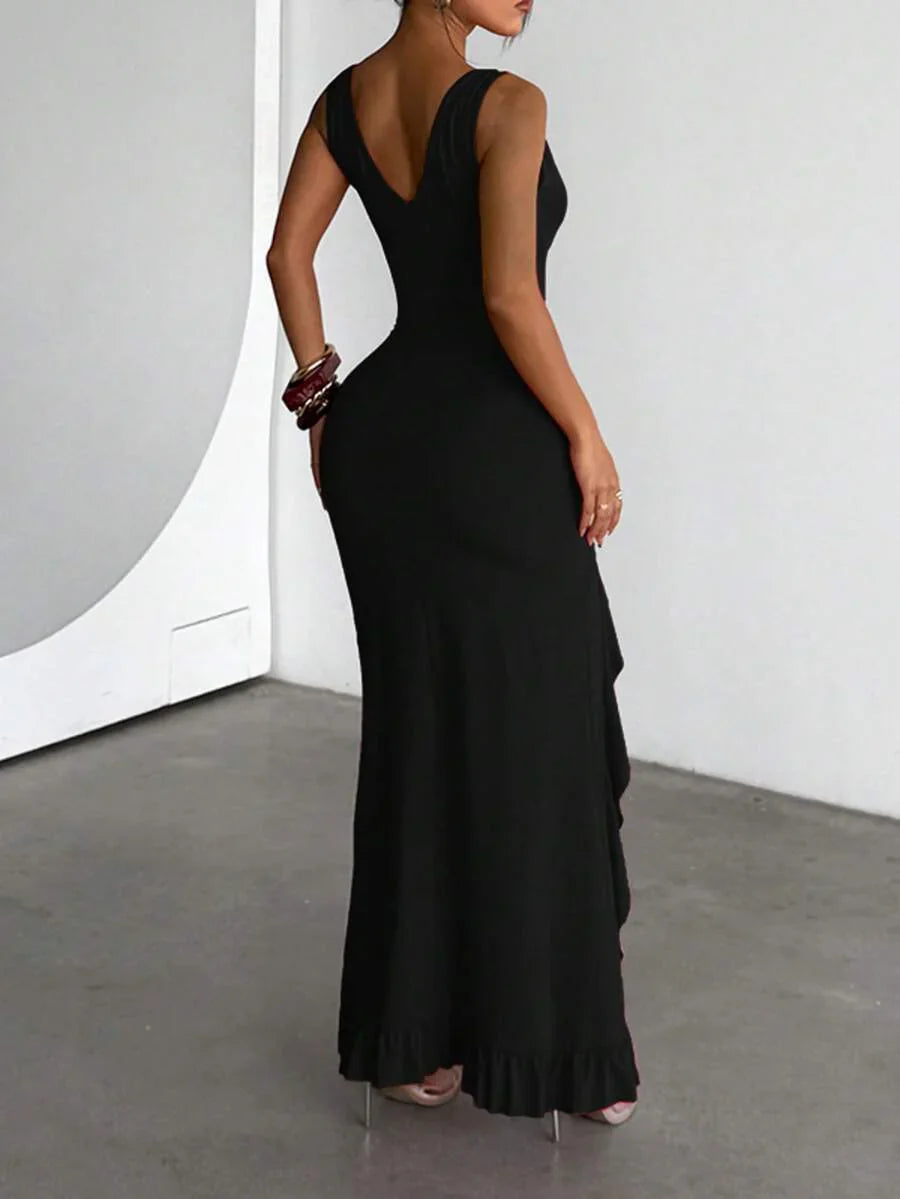 ROUGÉA – Asymmetrical V-Neck Backless Maxi Dress