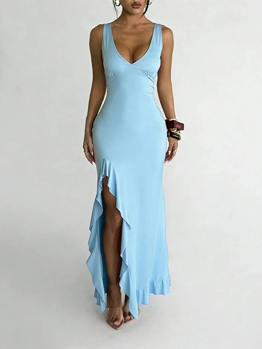 ROSÉVA – Asymmetrical Ruffle Hem V-Neck Maxi Dress