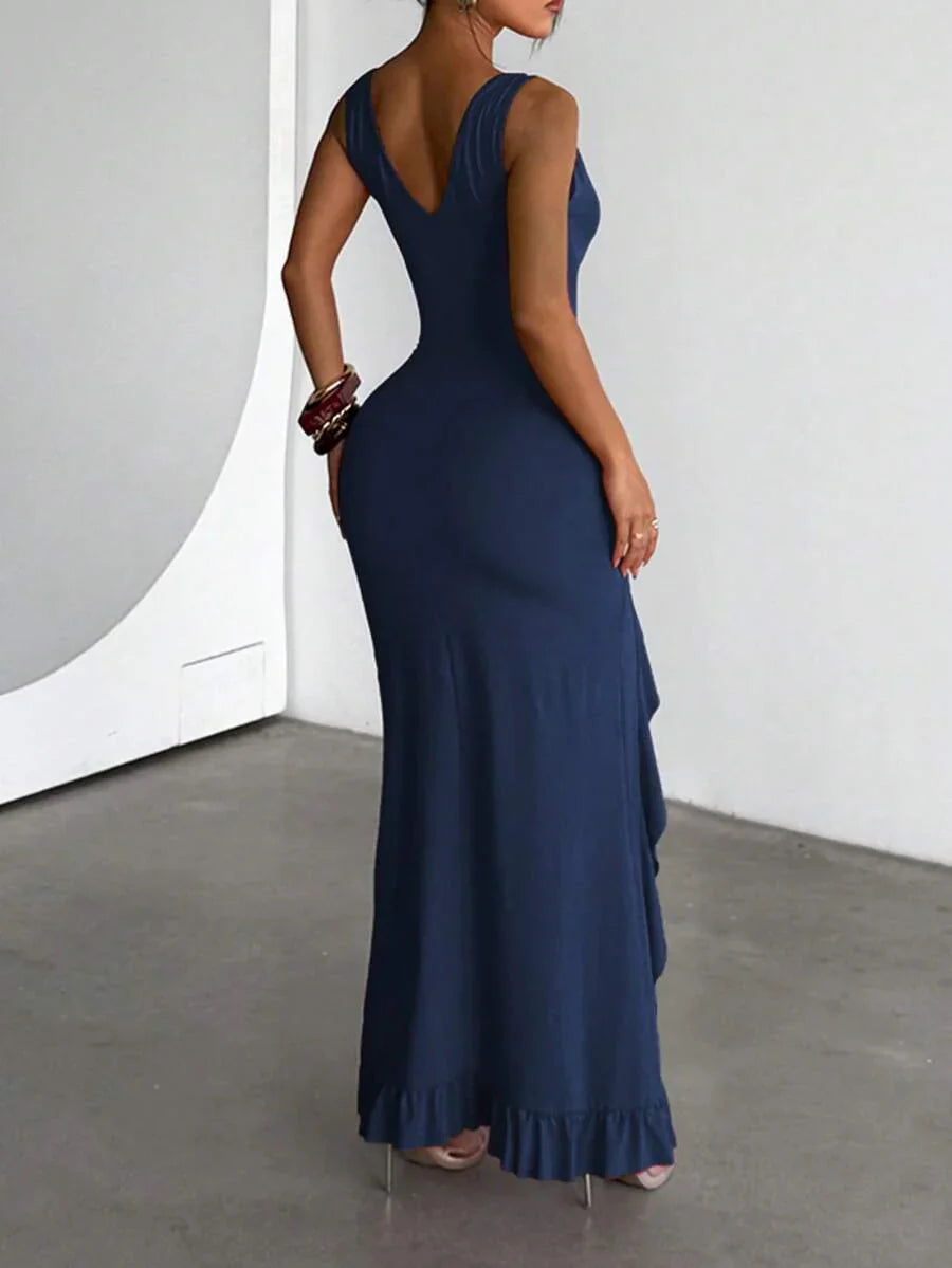 ROUGÉA – Asymmetrical V-Neck Backless Maxi Dress