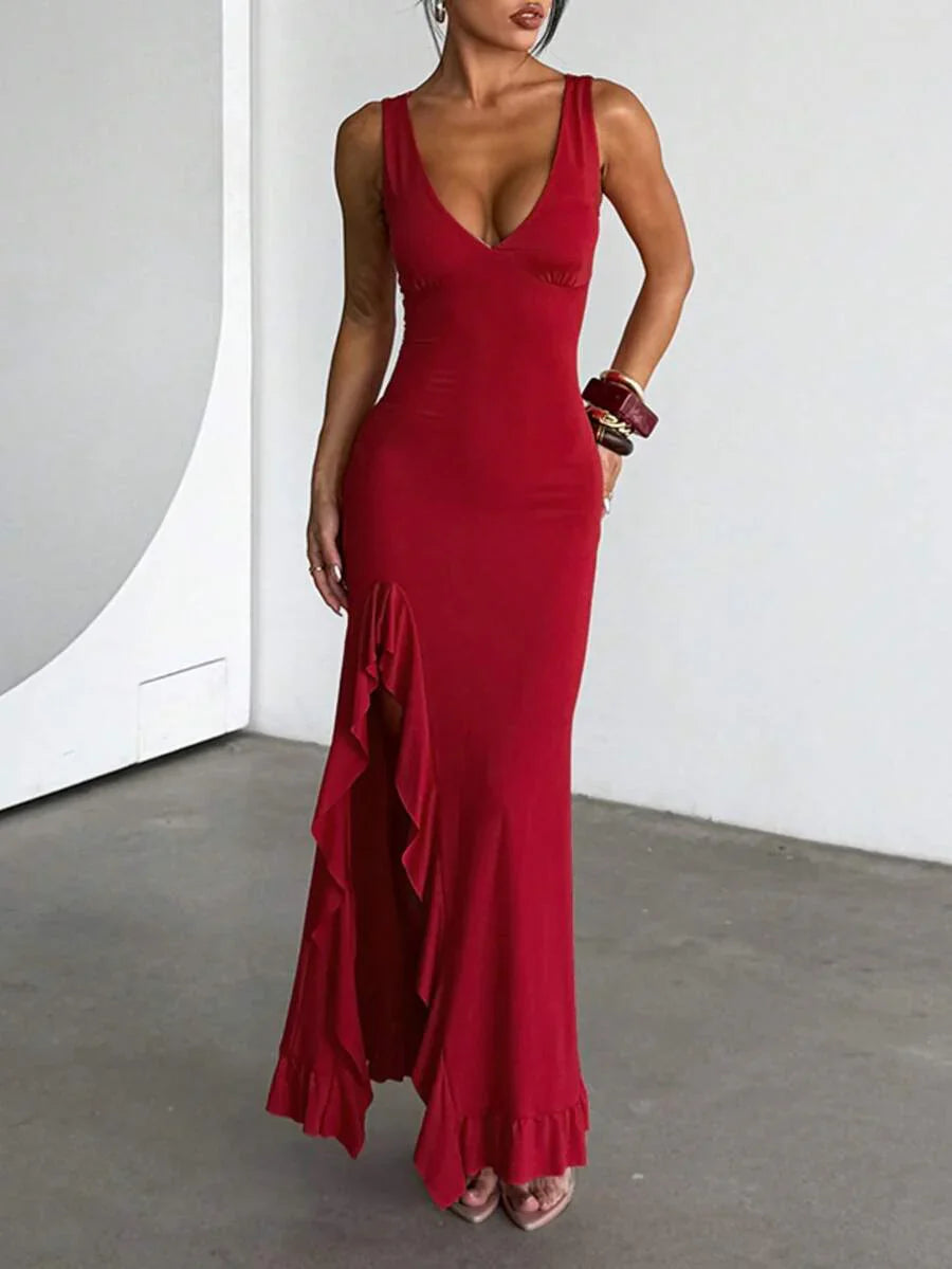 ROSÉVA – Asymmetrical Ruffle Hem V-Neck Maxi Dress