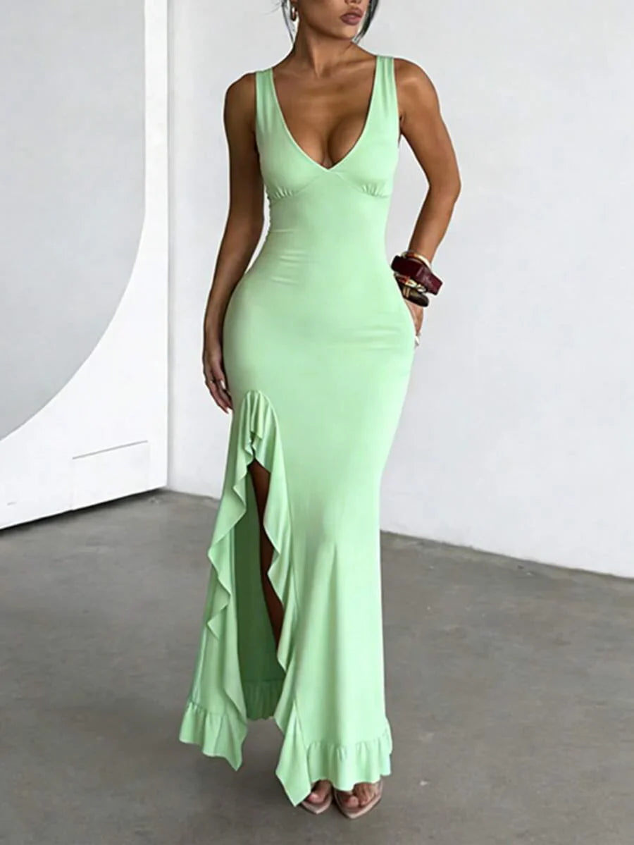 ROSÉVA – Asymmetrical Ruffle Hem V-Neck Maxi Dress