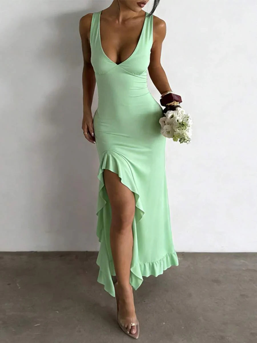 ROSÉVA – Asymmetrical Ruffle Hem V-Neck Maxi Dress