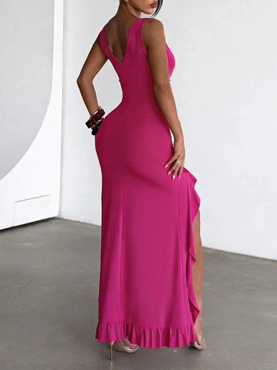 ROUGÉA – Asymmetrical V-Neck Backless Maxi Dress