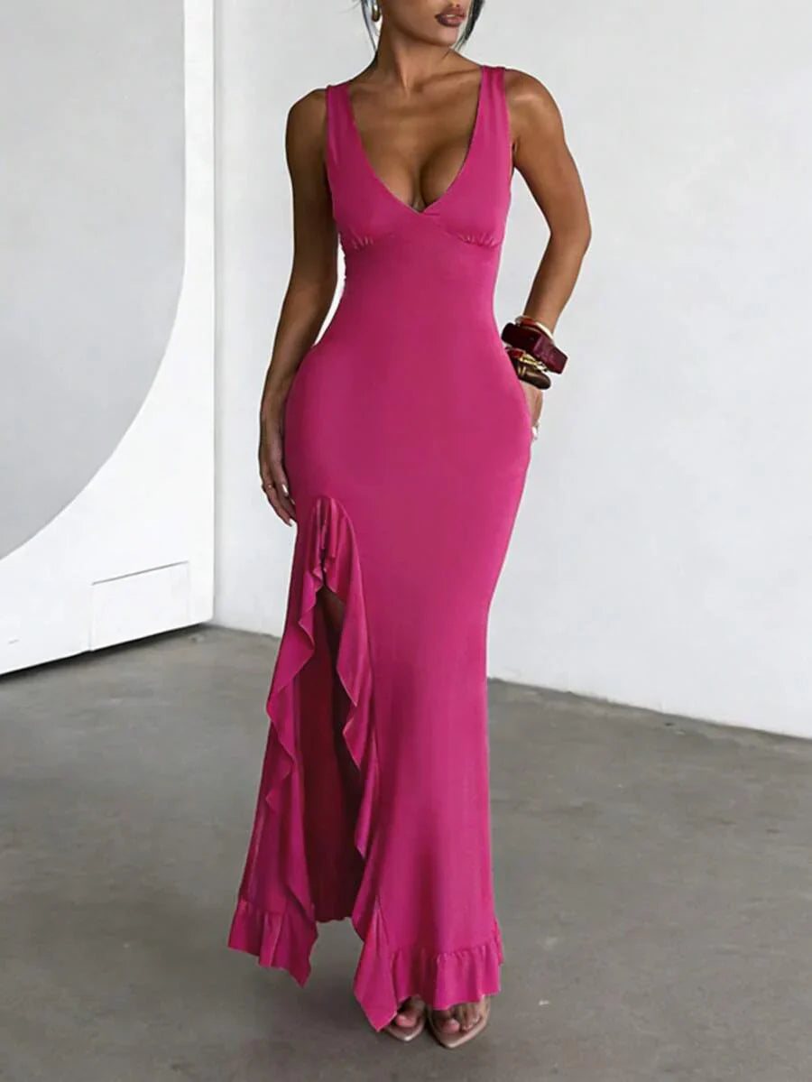 ROUGÉA – Asymmetrical V-Neck Backless Maxi Dress
