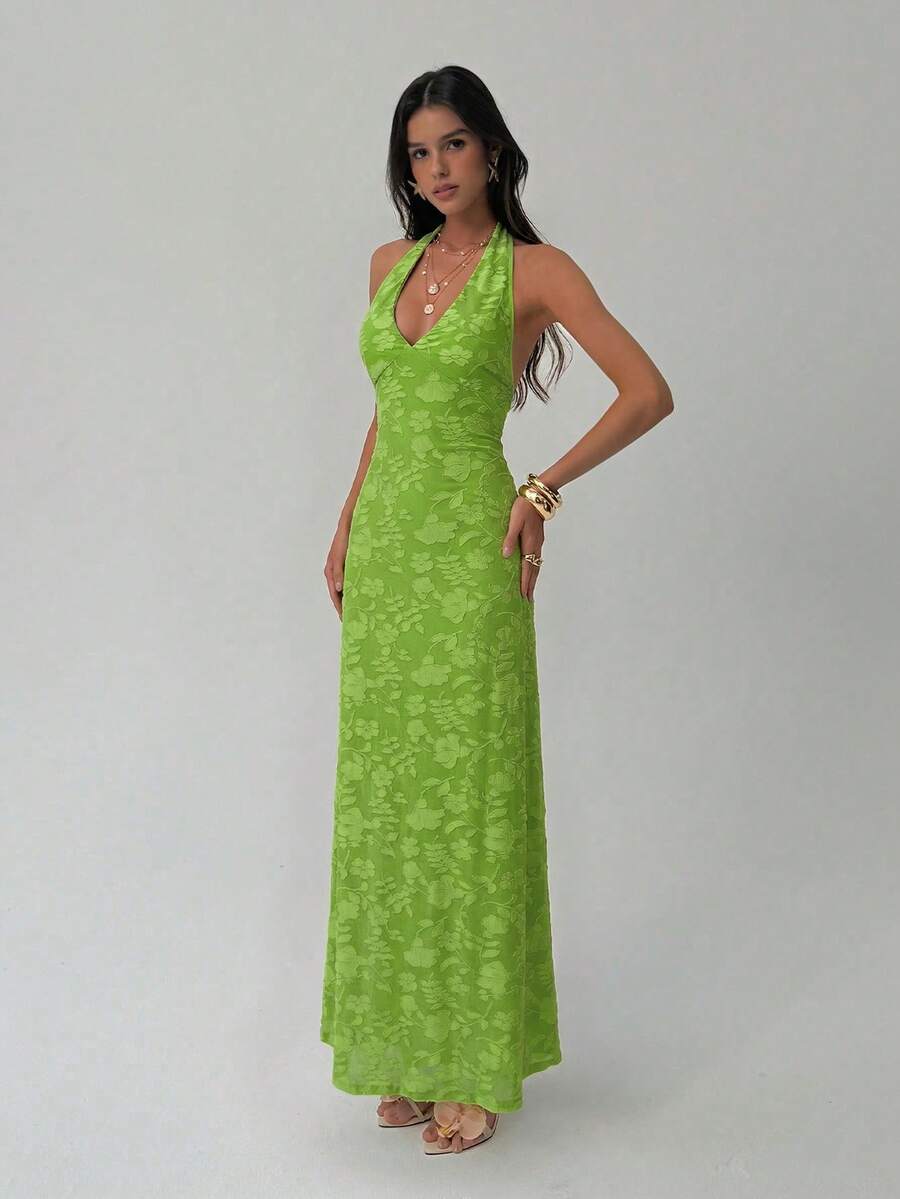 ROUGELLE - Halter Neck Backless Mermaid Maxi Dress
