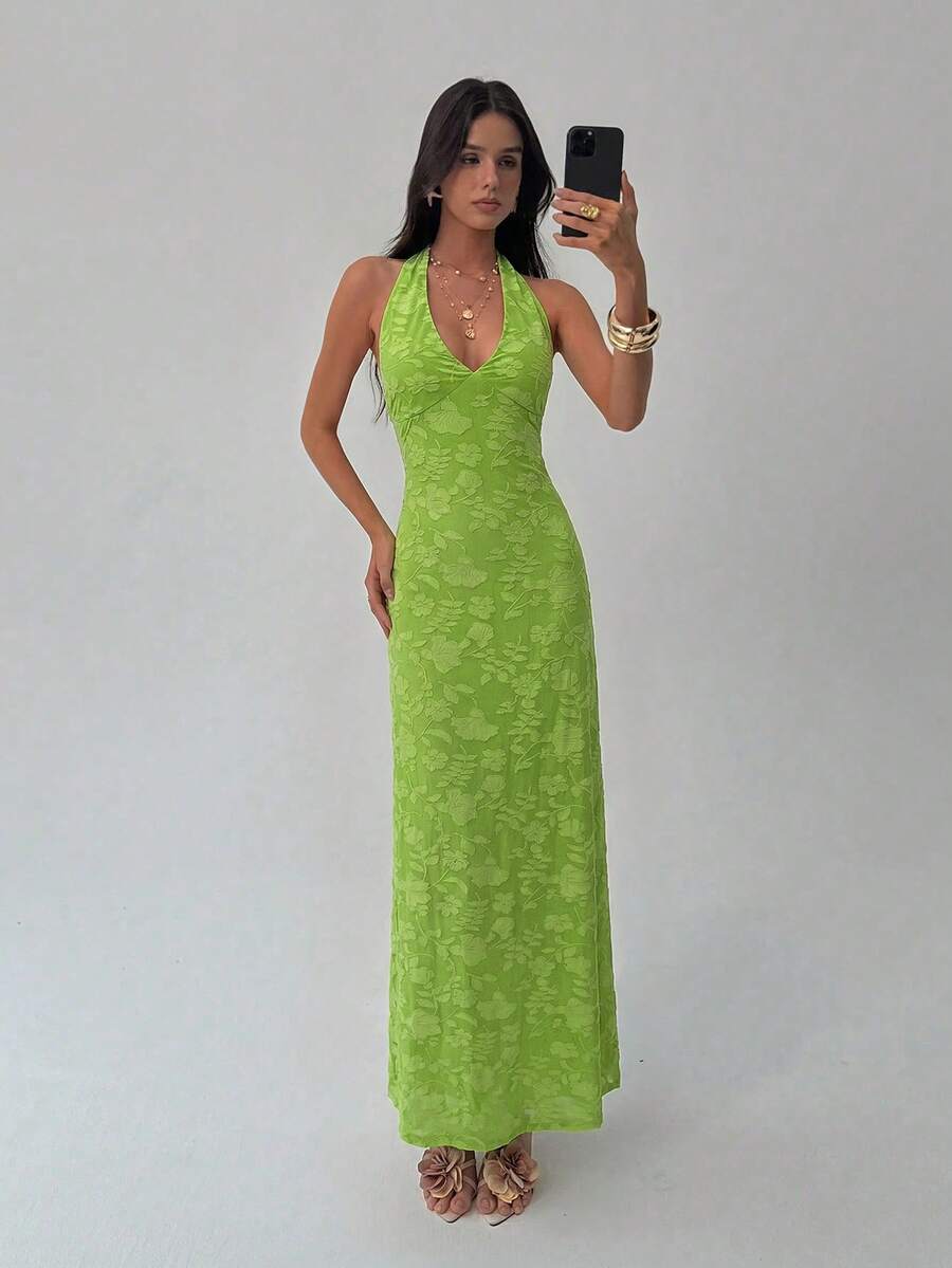 ROUGELLE - Halter Neck Backless Mermaid Maxi Dress
