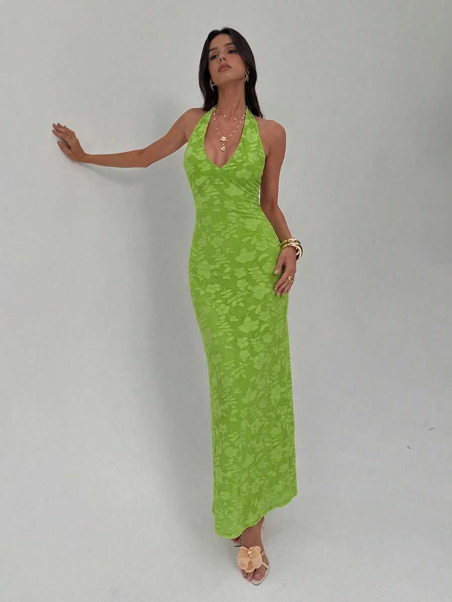 ROUGELLE - Halter Neck Backless Mermaid Maxi Dress