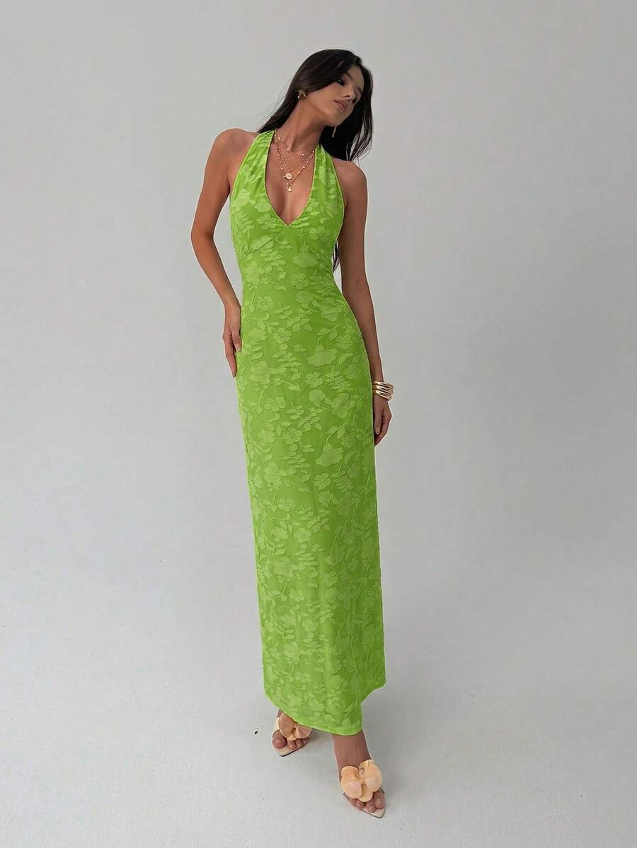 ROUGELLE - Halter Neck Backless Mermaid Maxi Dress