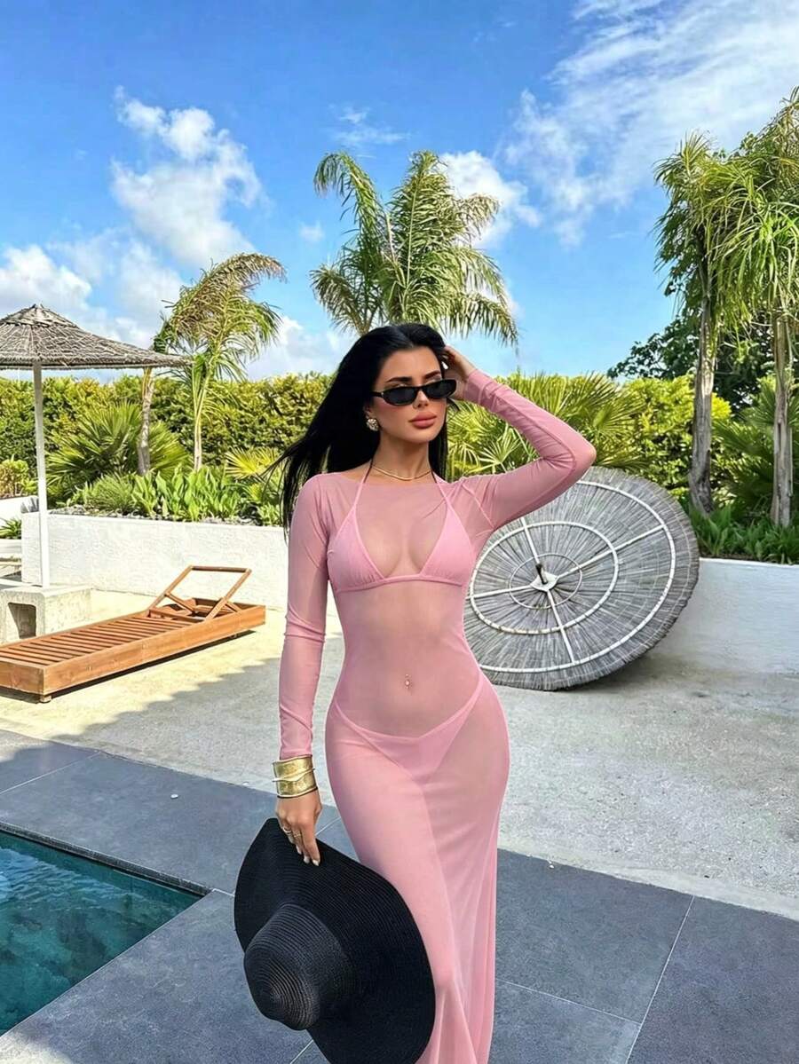 BRUMÉE – Sheer Mesh Bodycon Maxi Dress Pink