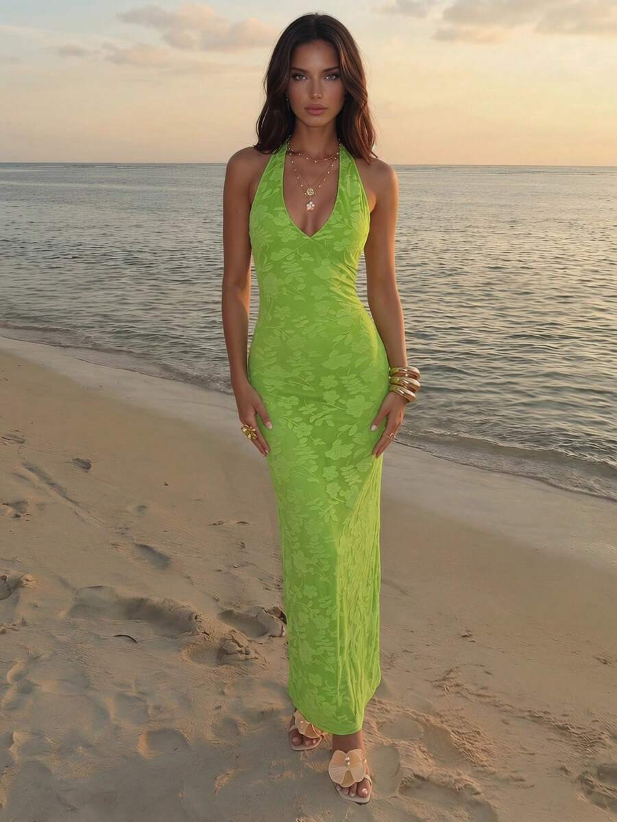 ROUGELLE - Halter Neck Backless Mermaid Maxi Dress