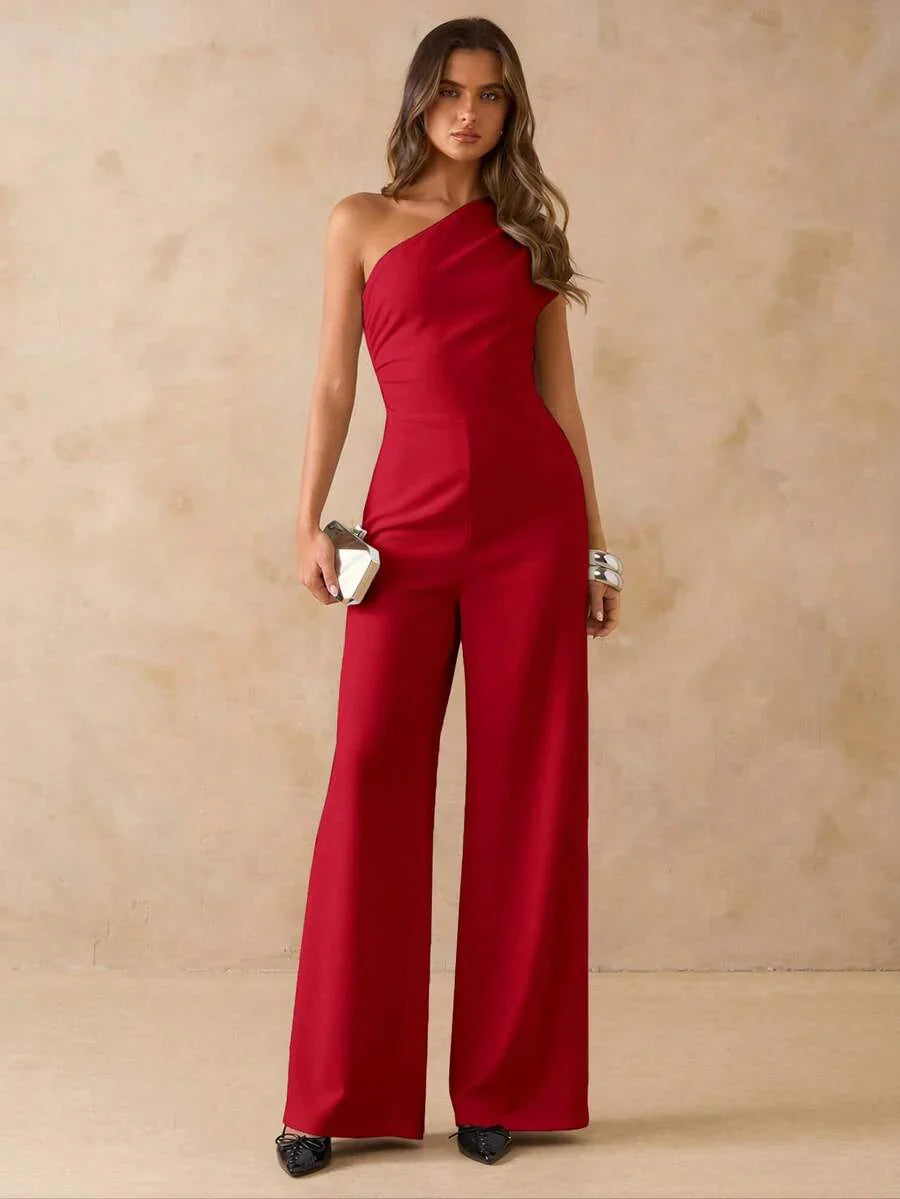 NORI - Asymmetrical One Shoulder Wide Leg Jumpsuit maxi dress Red