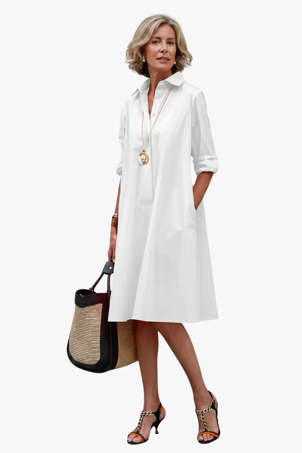 Women's A Line Shirt Midi Dress with Sleeves