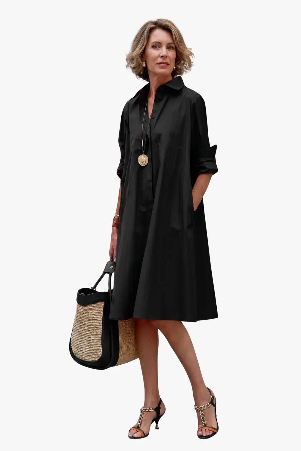 Women's A Line Shirt Midi Dress with Sleeves
