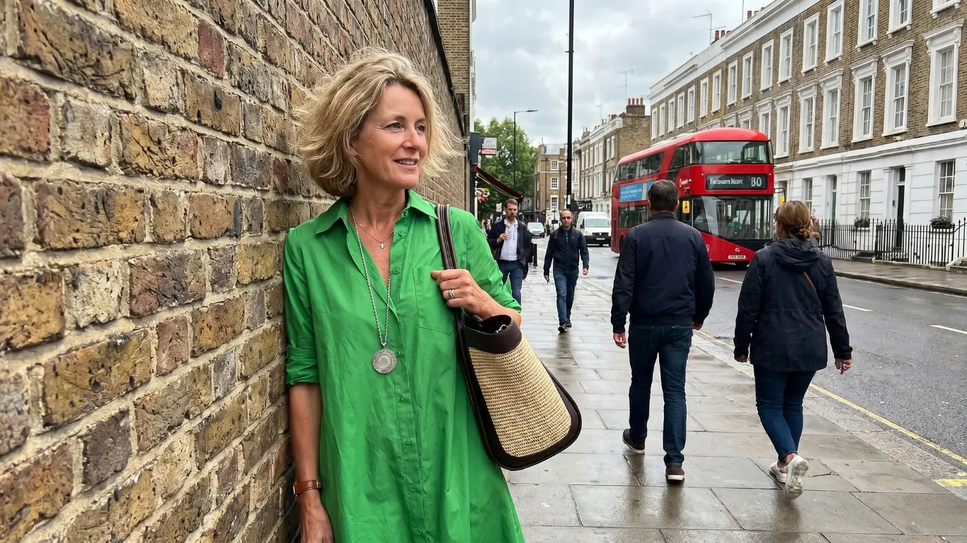 Woman in a green shirt leaning against a brick wall on a city street with a red double-decker bus in the background.