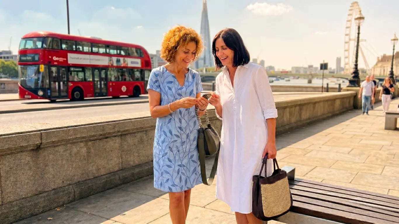 Two women walking along a London street with a red double-decker bus and the London Eye in the background.